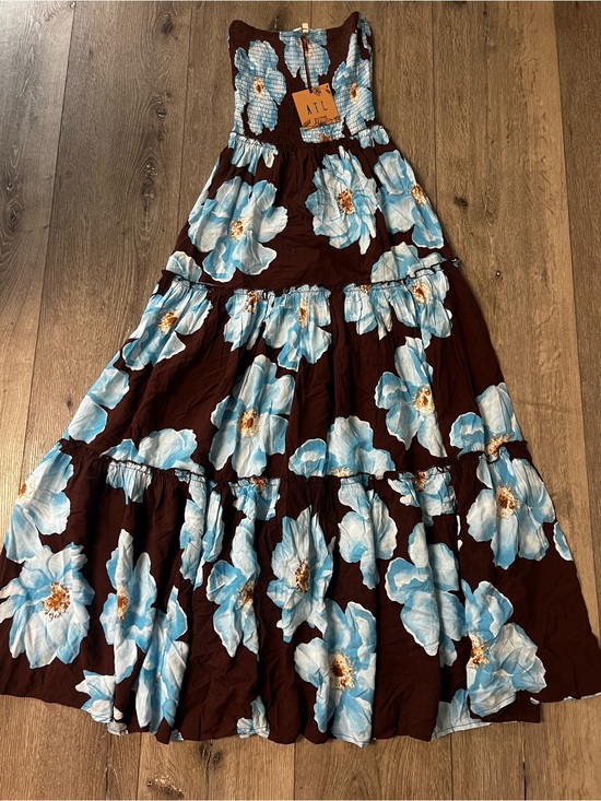 Abel The Label Dresses & Skirts - Abel the Label x Anthropologie Chocolate Brown Maxi Dress with Blue Floral Print